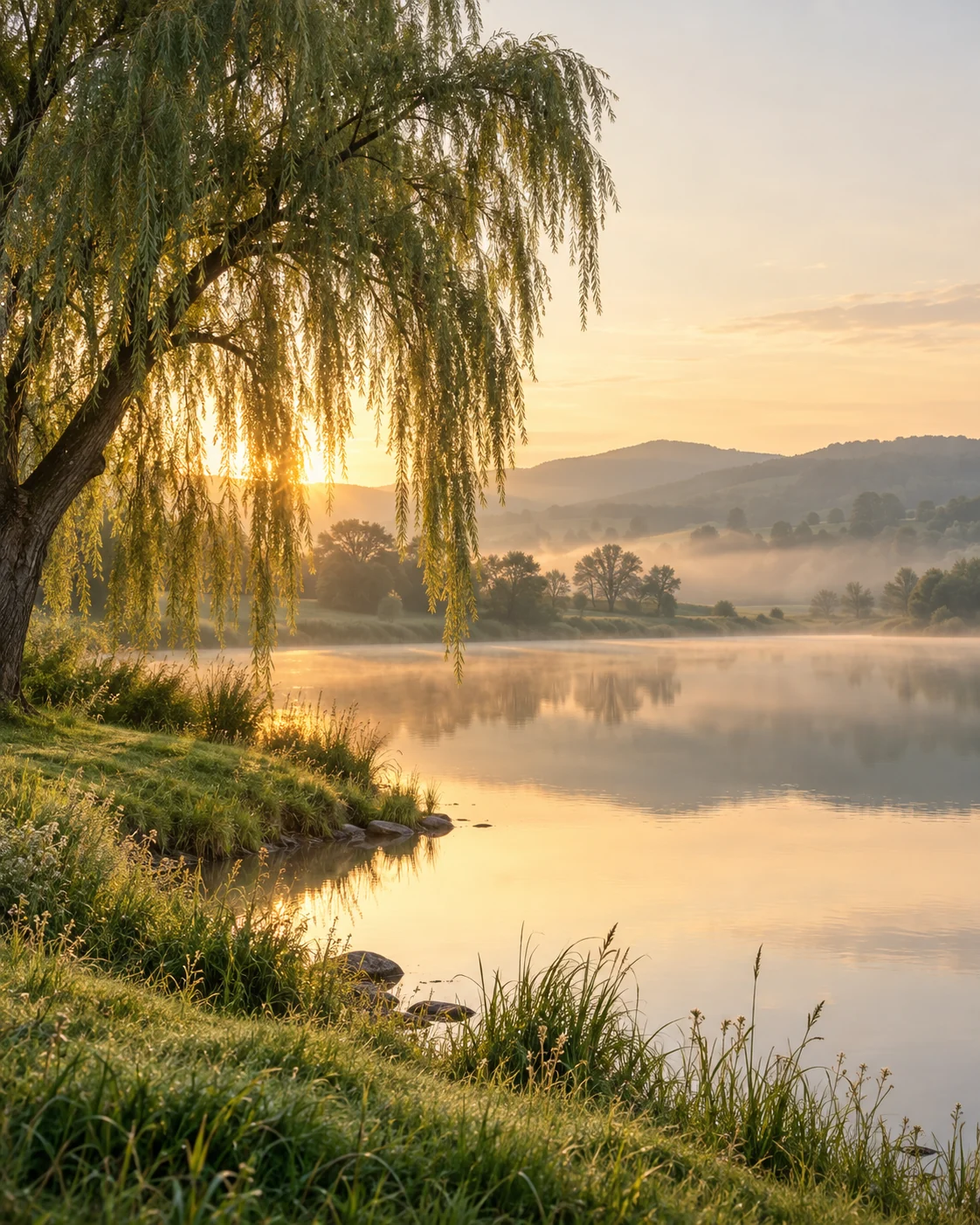 Morning light filtering through a willow beside a quiet lake